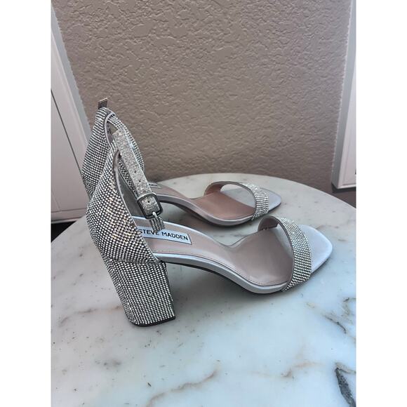 NWOT Steve Madden Rhinestone Silver Open Toe Block Heels Dylann New Crystal 10M - Picture 6 of 8